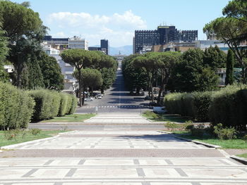 Footpath amidst trees and buildings in city against sky