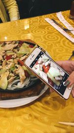 High angle view of food served on table