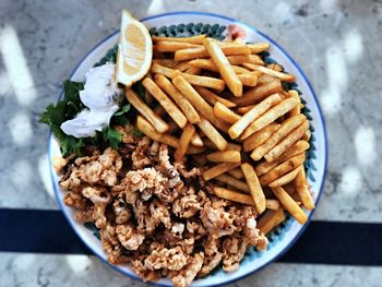 High angle view of food in bowl on table