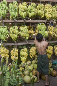 Rear view of shirtless man selling bananas at market