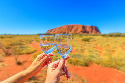 Close-up of hand holding drink against blue sky