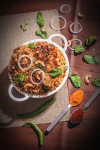 High angle view of food served on table
