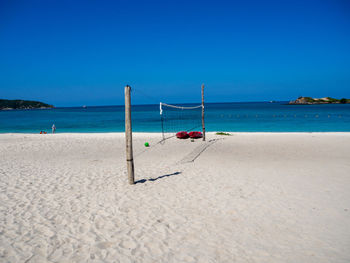 Scenic view of beach against clear blue sky