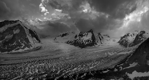 Panoramic view of snowcapped mountains against sky