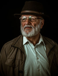 Close-up of senior man wearing hat against black background