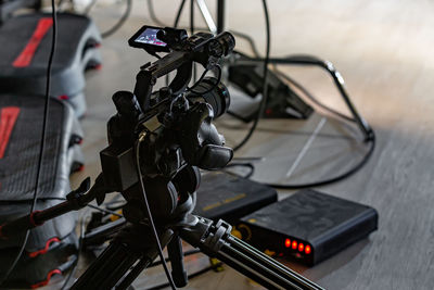 Close-up of camera on bicycle