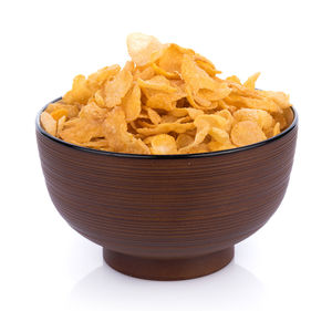 Close-up of bread in bowl against white background