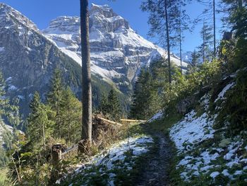 Scenic view of snowcapped mountains during winter