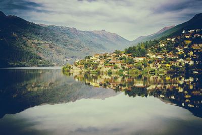 Scenic view of lake by mountain against sky