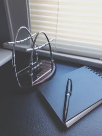 High angle view of leather on table