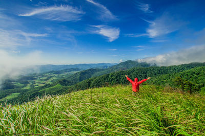 Rear view of man with arms outstretched standing amidst plants