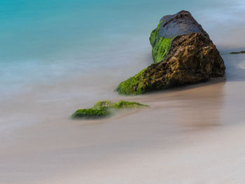 Rock on beach against sky