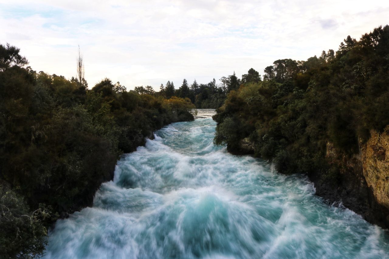 RIVER FLOWING AMIDST TREES AGAINST SKY