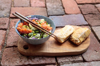 High angle view of food on cutting board