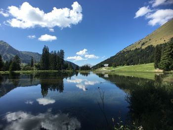 Scenic view of lake and mountains against sky