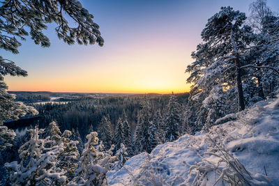 Scenic view of snow covered land during sunset