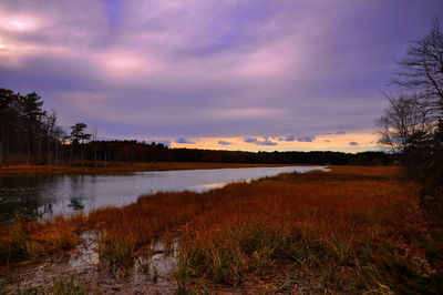 Scenic view of lake against cloudy sky