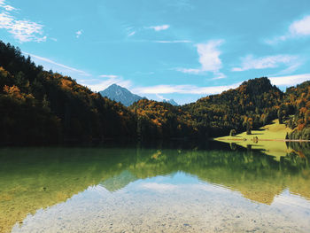 Scenic view of lake by trees against sky