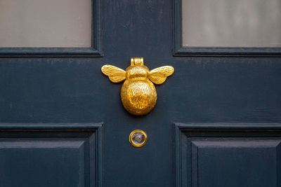 A golden bumblebee as a door knocker on a dark wooden front door 