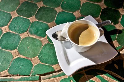 High angle view of coffee on table