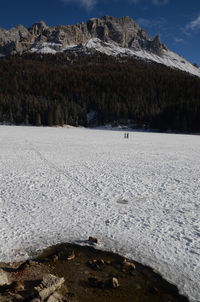 Scenic view of snow covered mountain against sky