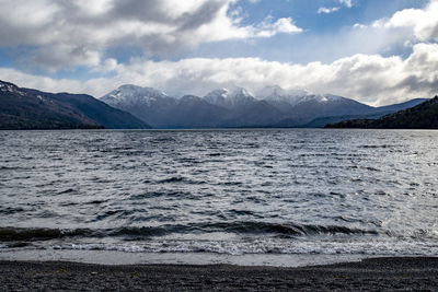 Scenic view of lake and mountains against sky