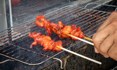 Cropped hand of man preparing meat on barbecue grill