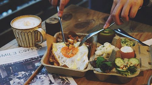 High angle view of breakfast served on table