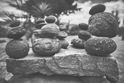 Close-up of stone stack on pebbles