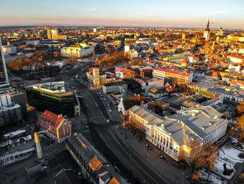 High angle view of illuminated buildings in city