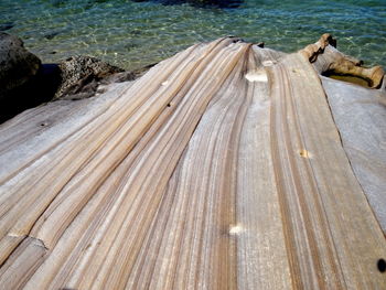 High angle view of wooden posts on beach