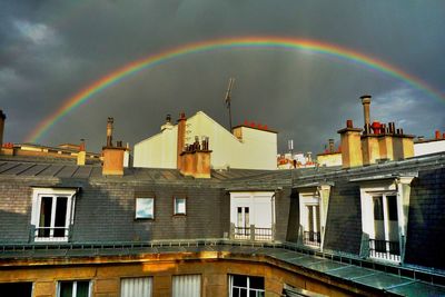 Rainbow over buildings against cloudy sky