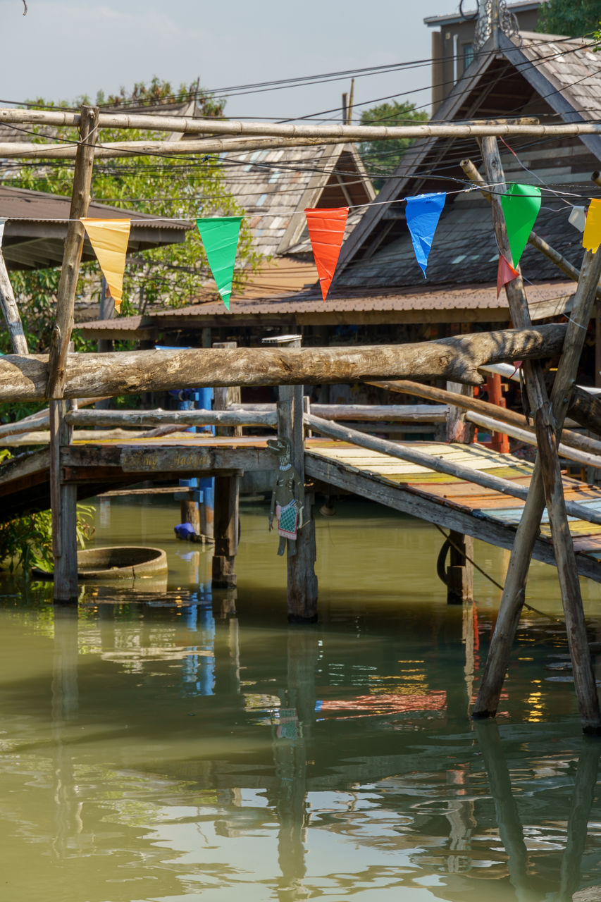 water, nature, nautical vessel, architecture, transportation, boat, day, built structure, vehicle, river, stilt house, no people, wood, mode of transportation, outdoors, reflection, building exterior, boating, sky, building, waterfront, tradition, house