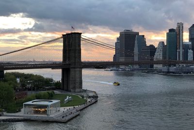 Bridge over river in city against sky during sunset