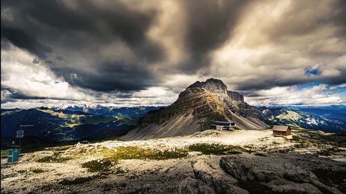 Scenic view of snowcapped mountains against cloudy sky