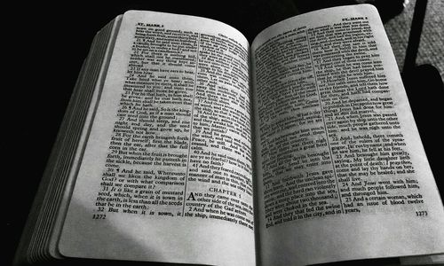 High angle view of text on book