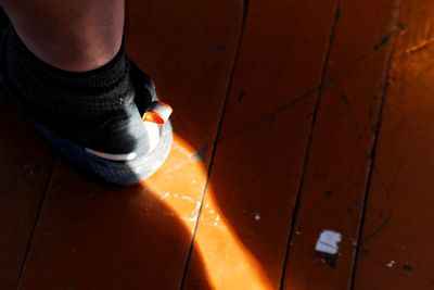 Low section of man standing on floorboard