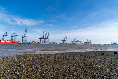 Felixstowe container port panoramic shots showing gantry cranes and container ship