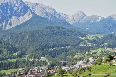 High angle view of mountains against sky