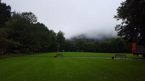 Scenic view of soccer field against sky