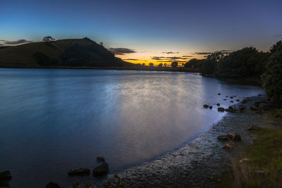 Scenic view of river against sky at sunset