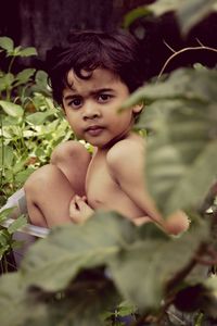 Portrait of cute shirtless boy sitting in yard