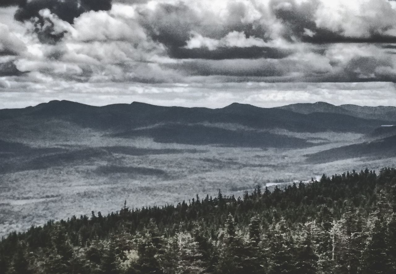 sky, tranquil scene, mountain, scenics, tranquility, cloud - sky, beauty in nature, landscape, nature, mountain range, cloudy, cloud, tree, non-urban scene, idyllic, weather, outdoors, day, no people, growth