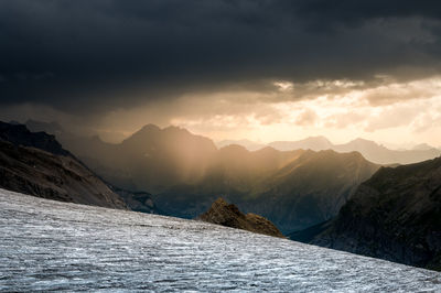 Scenic view of snowcapped mountains against sky during sunset