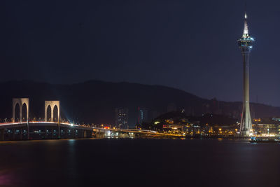 Illuminated city by river against sky at night