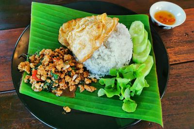 High angle view of breakfast served on table