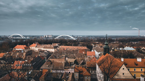 High angle view of buildings in city