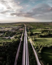 High angle view of railroad tracks against sky