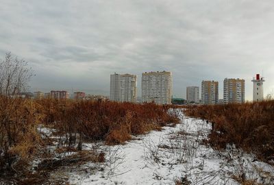 Buildings on field against sky during winter