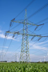 Low angle view of electricity pylon against sky